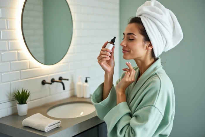 Femme en robe de chambre verte appliquant un sérum visage devant un miroir de salle de bain minimaliste, routine beauté tendance skincare