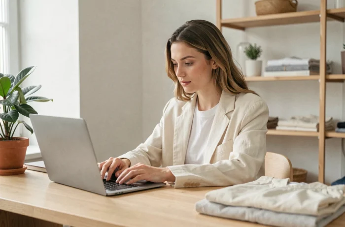 Jeune femme consultant les tendances mode sur son ordinateur portable dans un bureau minimaliste scandinave
