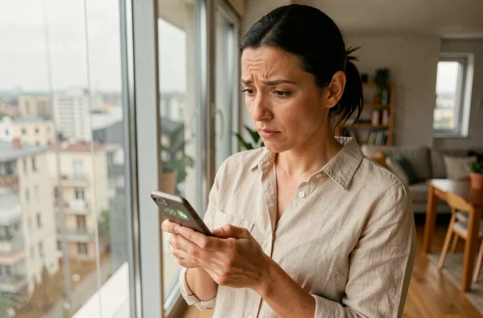 Femme tenant un smartphone affichant un appel entrant avec l'indicatif téléphonique +39 de l'Italie