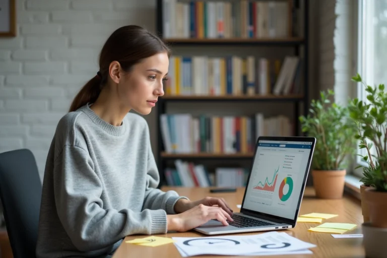 Femme travaillant sur une stratégie SEO longue traîne avec des expressions clés affichées sur un écran d'ordinateur portable dans un bureau à domicile