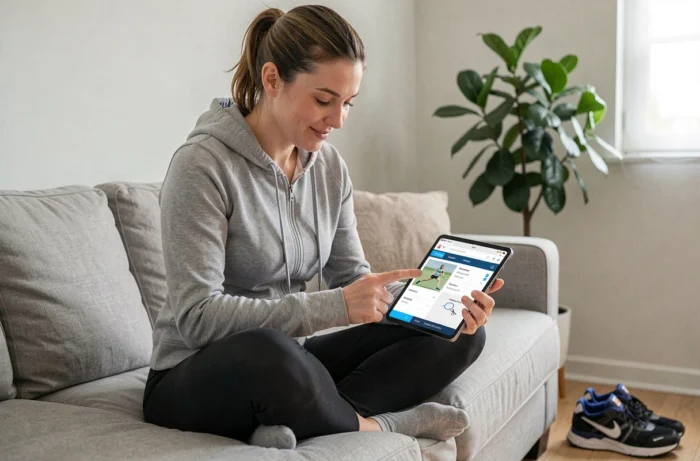 Femme consultant le plan du site Az Sport sur une tablette dans un salon moderne
