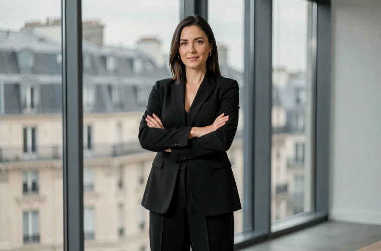 Femme en tenue noire élégante dans un bureau parisien minimaliste, symbolisant l'autorité et le style au féminin
