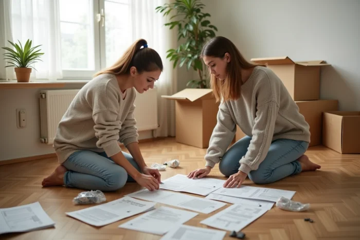 Deux femmes assemblant des meubles en kit sur un parquet dans une pièce en cours d'aménagement