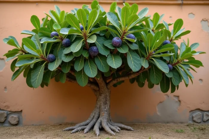 Figuier commun (Ficus carica) avec ses fruits mûrs violets et ses grandes feuilles lobées contre un mur de pierre méditerranéen