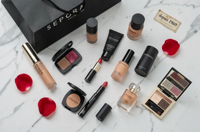 Composition flat-lay de produits Sephora Collection sur marbre blanc évoquant l'histoire de la marque depuis 1969