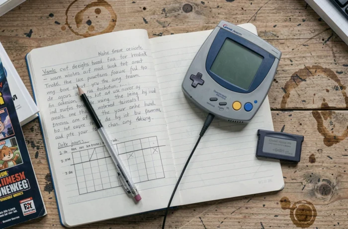 Vue en plongée d'une Game Boy Advance et d'un carnet de notes manuscrit pour suivre un défi Nuzlocke Pokémon GBA