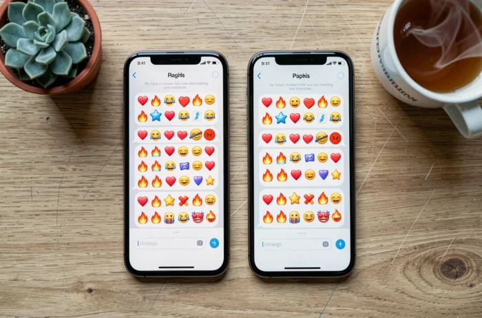 Vue de dessus de deux smartphones affichant une conversation amoureuse avec des emojis colorés sur un bureau en bois
