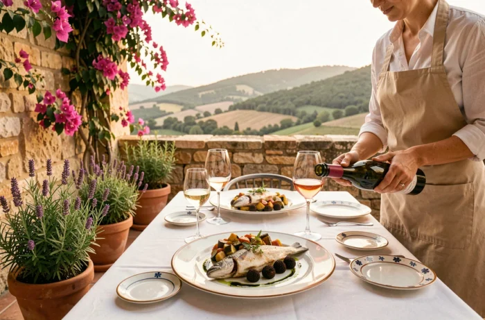 Table gastronomique provençale dressée en terrasse avec vue sur le Luberon et produits locaux