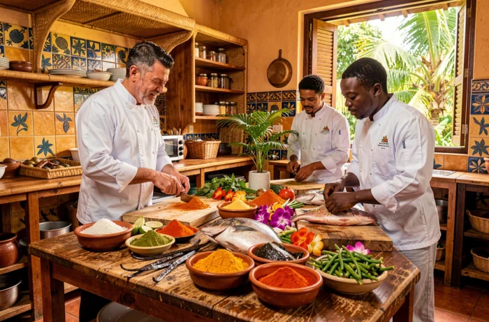 Chefs cuisiniers ultramarins travaillant des produits tropicaux colorés dans une cuisine aux influences créoles