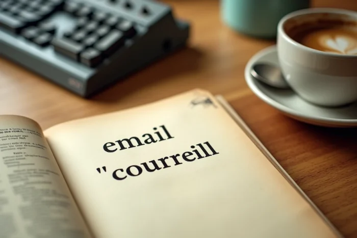 Vue de dessus d'un glossaire bilingue imprimé avec les mots email et courriel mis en évidence, posé sur une table en chêne avec un clavier vintage et un dictionnaire français-anglais