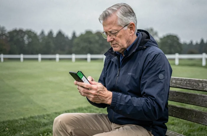 Golfeur senior consultant son espace FFGolf sur smartphone près du parcours