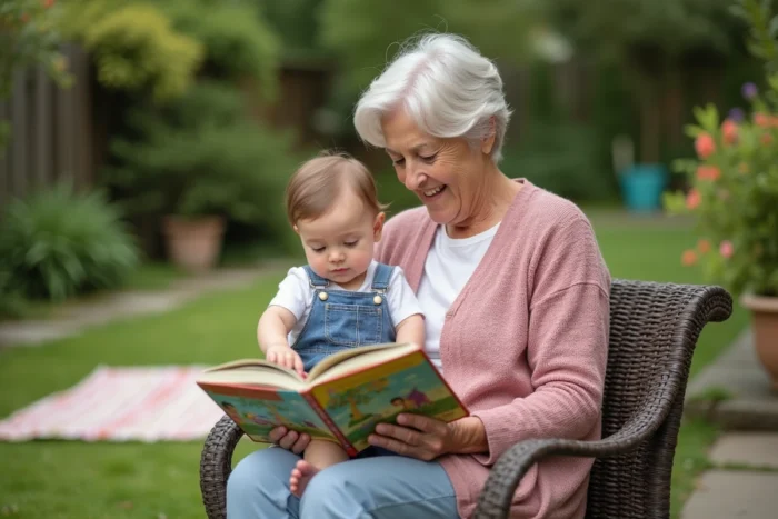 Grand-mère lisant un livre illustré à son bébé de huit mois sur un banc de jardin entouré de verdure, favorisant l'éveil par la lecture et la stimulation sensorielle