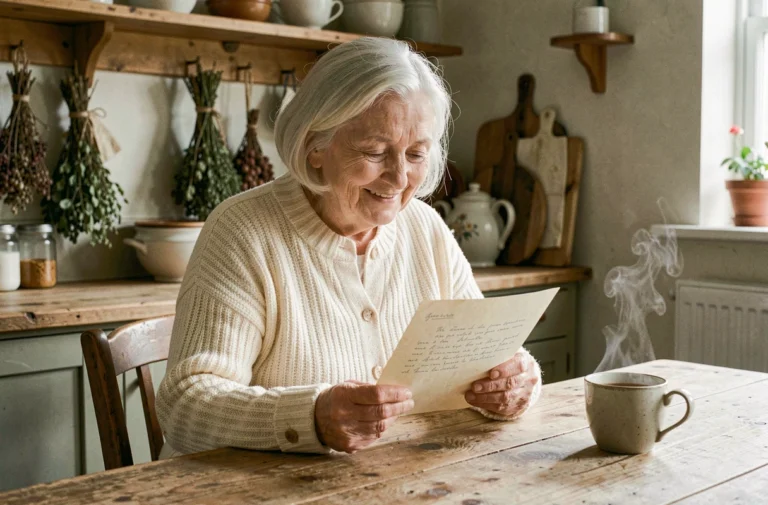 Grand-mère âgée lisant une lettre manuscrite touchante avec émotion dans une cuisine campagnarde chaleureuse