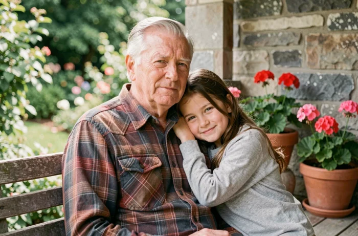 Grand-père et petit-enfant adulte partageant un moment complice et affectueux sur une terrasse de jardin