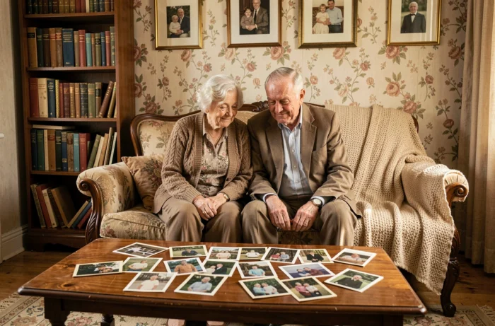 Couple de grands-parents regardant ensemble de vieilles photos de famille avec émotion dans un salon vintage