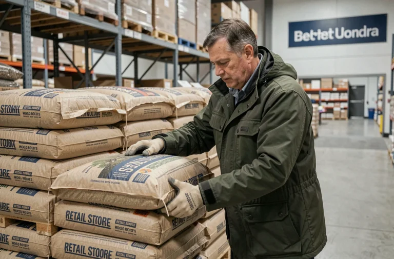 Un homme empile des sacs de granulés de bois en magasin grande surface, illustration du prix des granulés Leclerc en 2026
