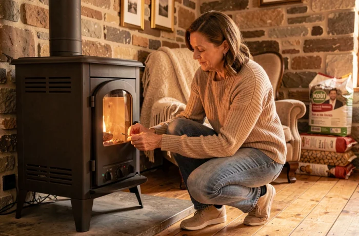 Une femme règle son poêle à granulés de bois à la maison, évoquant la consommation et le coût des granulés en 2026