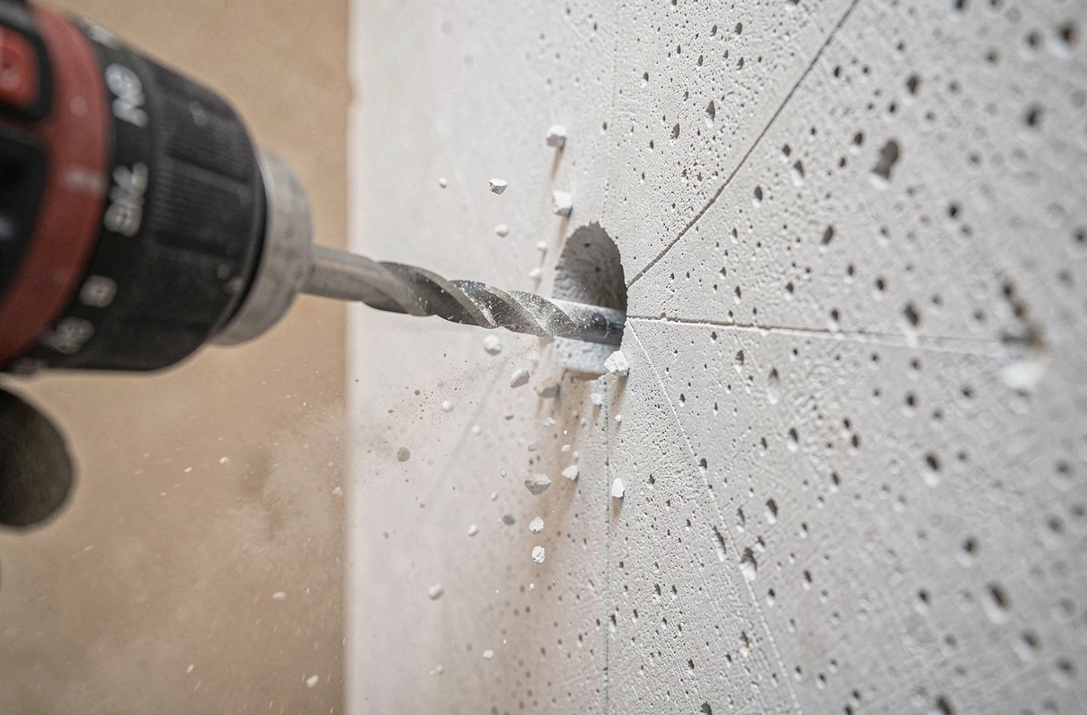 Gros plan sur un foret perçant un mur en béton cellulaire avec poussière blanche fine