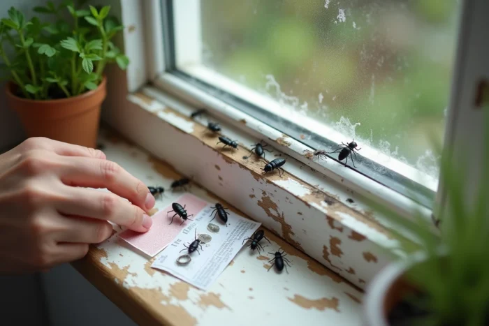 Gros plan d'insectes envahissant un rebord de fenêtre en bois avec pose d'un répulsif naturel