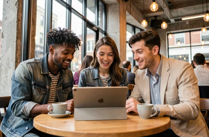Groupe de professionnels discutant des dernières actualités technologiques autour d'une tablette dans un café urbain
