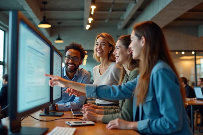 Groupe de jeunes professionnels consultant des offres d'emploi dans un espace de coworking