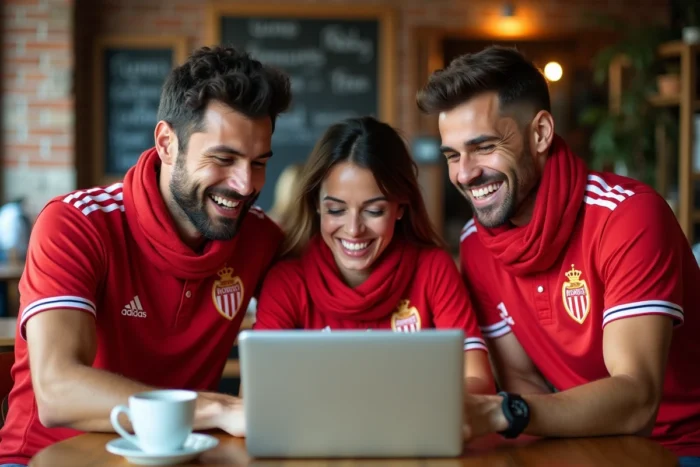 Groupe de supporters de l'AS Monaco réunis dans un café autour du site ASM Vizu sur un ordinateur portable