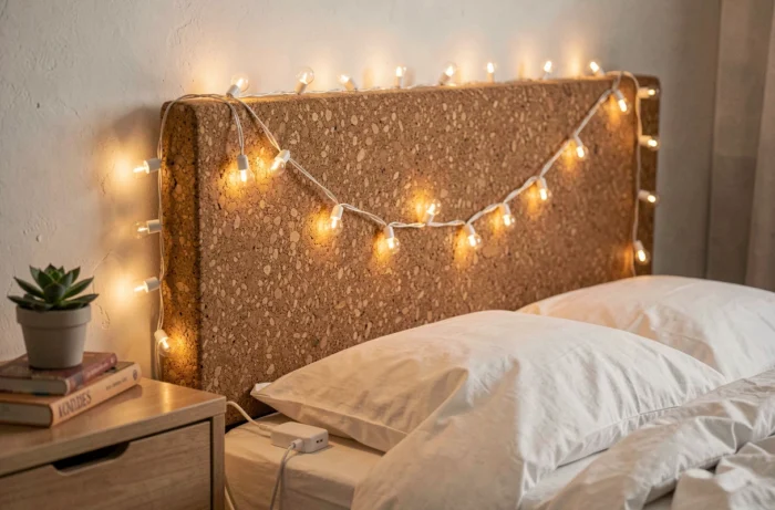 Guirlande lumineuse basse tension en petites ampoules chaudes disposée sur une tête de lit en liège dans une chambre de garçon