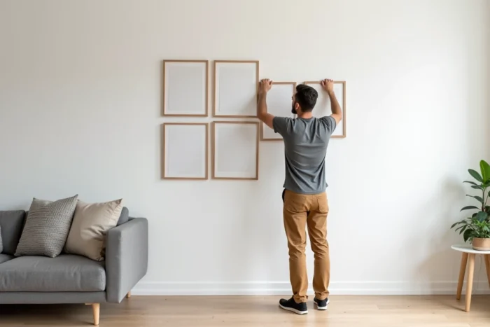 Homme accrochant des cadres décoratifs sur un mur blanc dans un appartement moderne et minimaliste
