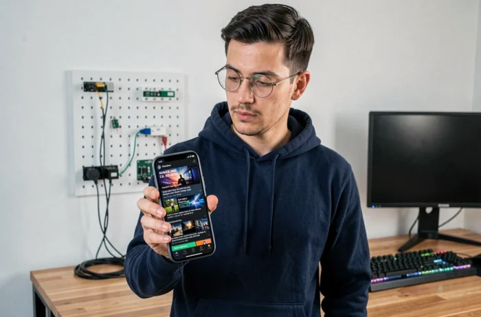 Homme lisant les actualités web et technologiques sur smartphone dans un espace de travail minimaliste
