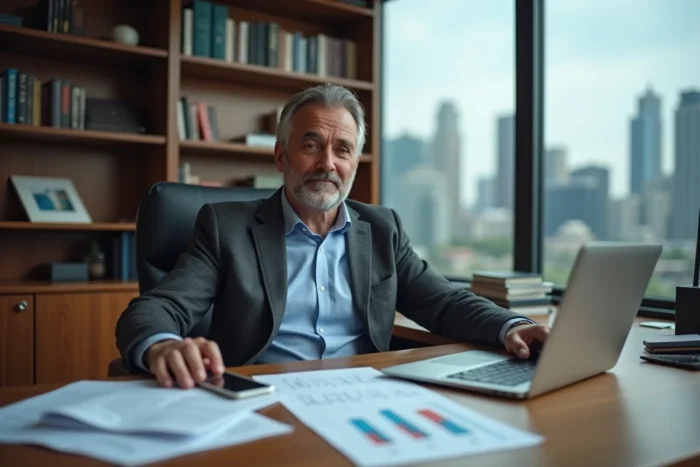 Homme d'affaires analysant des rapports financiers dans un bureau exécutif avec vue sur la ville, symbolisant le salaire élevé et la fortune d'un entrepreneur influent