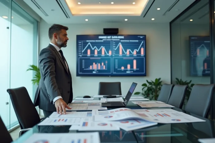 Homme d'affaires présentant des rapports financiers et des outils de gestion de capital en salle de réunion
