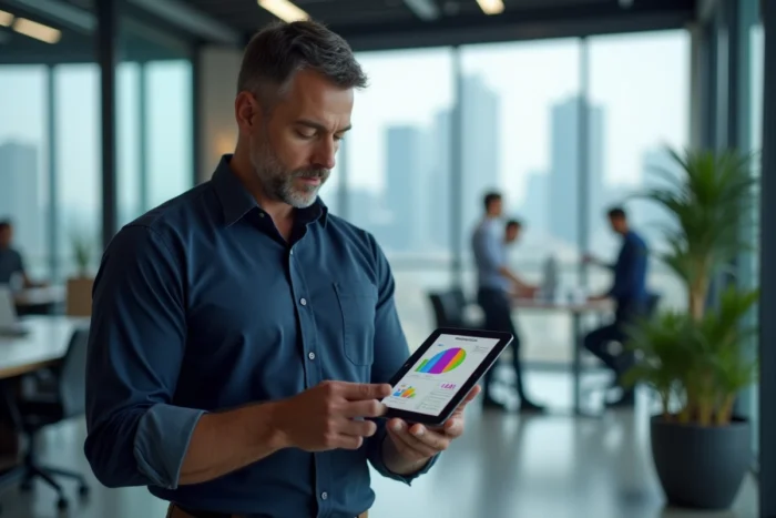 Homme d'affaires analysant les tendances actuelles et actualités en ligne sur une tablette dans un bureau moderne