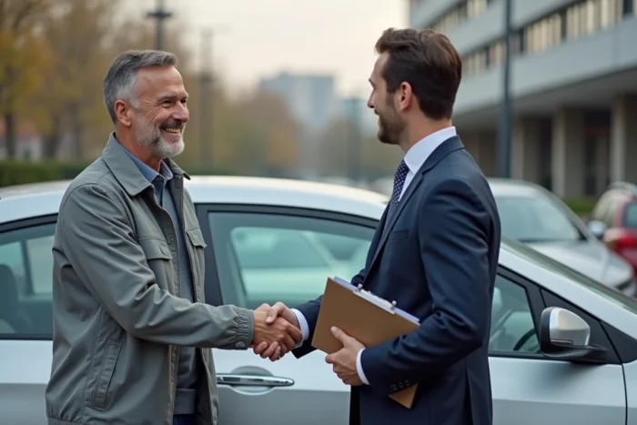 Homme signant un contrat d'assurance auto avec un agent devant sa voiture dans un parking