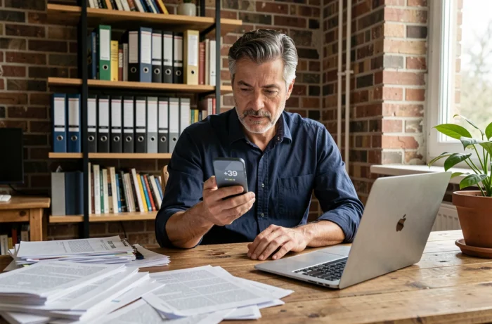 Homme au bureau identifiant un appel téléphonique international en provenance d'Italie avec le code +39