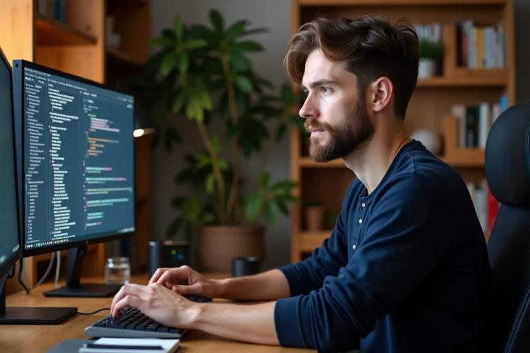 Homme utilisant un bureau informatique double écran avec des outils de productivité pour optimiser son expérience numérique