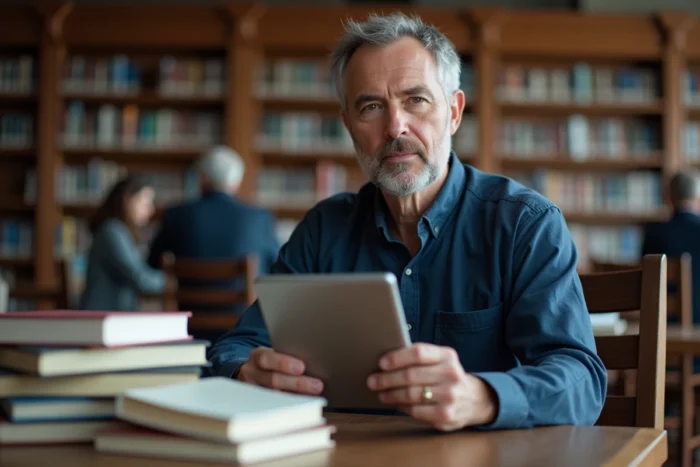 Homme consultant un catalogue d'ebooks numériques sur tablette dans une bibliothèque publique comme alternative à Bookys