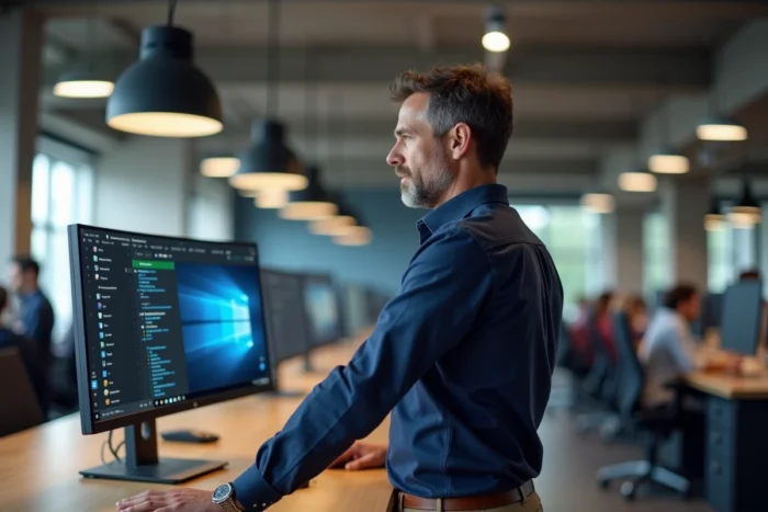 Homme en chemise bleue comparant les interfaces email et courriel sur deux écrans dans un bureau moderne en open space