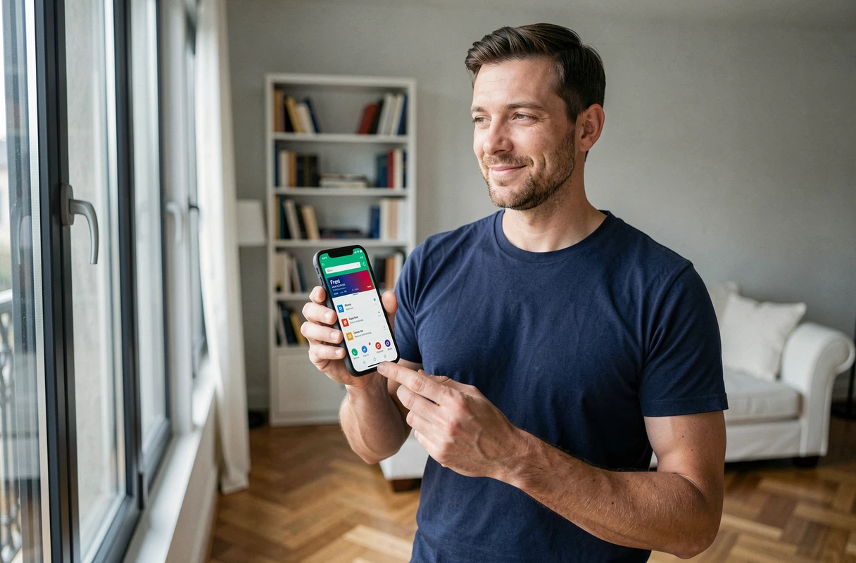 Homme configurant un accès provisoire Free sur son smartphone Android depuis son salon