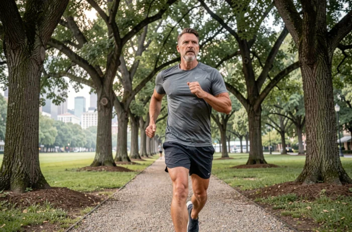 Homme en tenue de sport faisant du jogging dans un parc urbain arboré pour améliorer sa santé et son bien-être