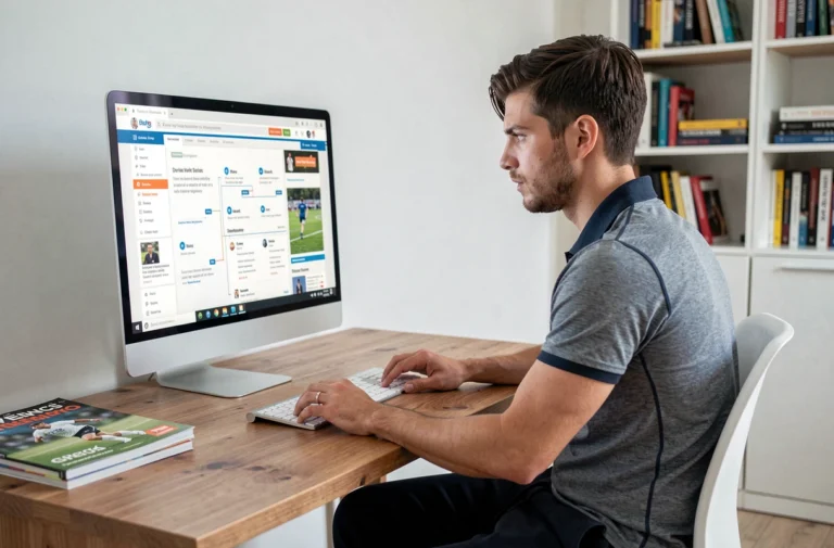 Homme parcourant le plan du site Az Sport sur un ordinateur de bureau dans un bureau moderne