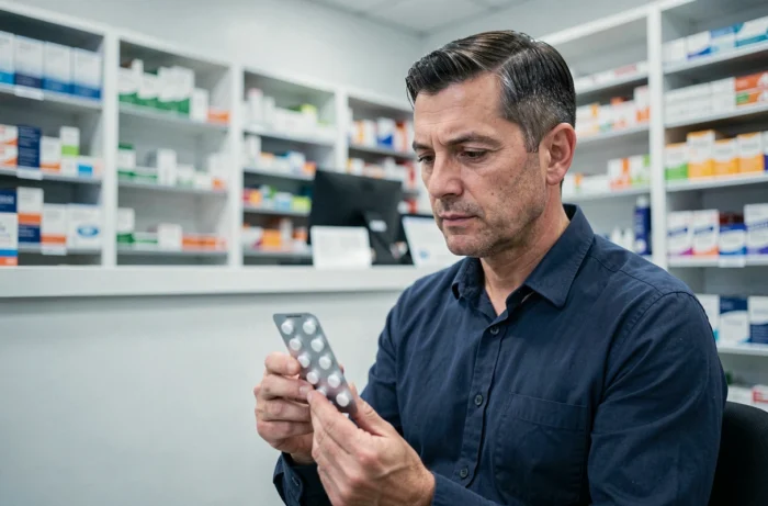 Homme en pharmacie tenant un comprimé d'anxiolytique et consultant son traitement