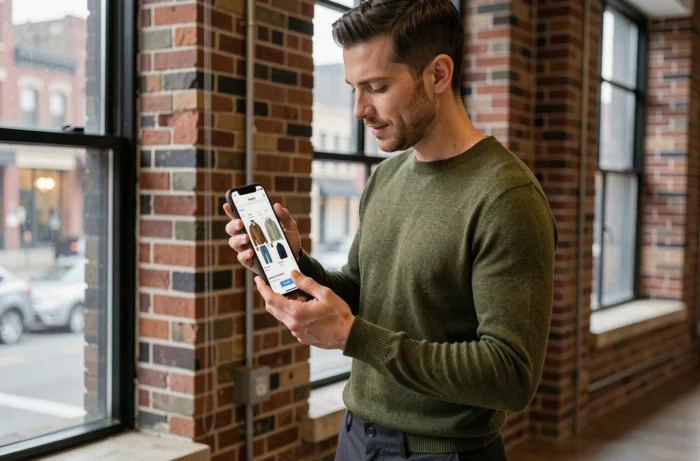 Homme consultant une application de mode sur smartphone dans un appartement urbain aux murs de briques
