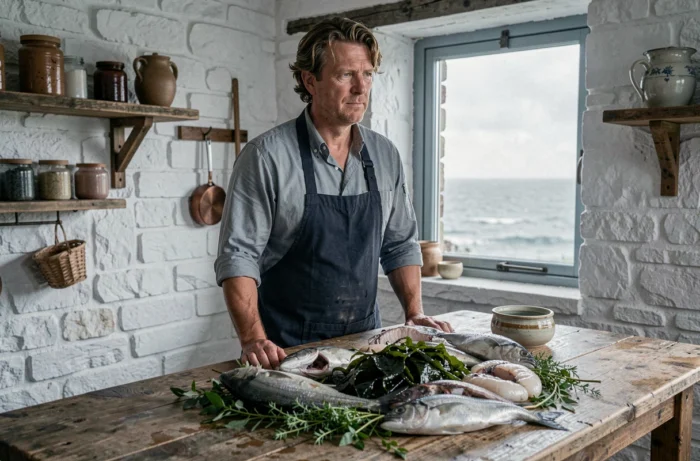 Le chef Hugo Roellinger entouré de produits marins bretons dans sa cuisine en bord de mer