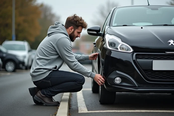 Propriétaire de Peugeot 208 inspectant l'usure des pneus liée à un mauvais réglage du parallélisme