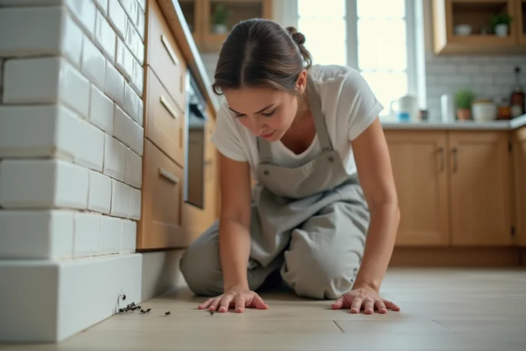 Femme inspectant une invasion d'insectes près de la plinthe d'une cuisine moderne