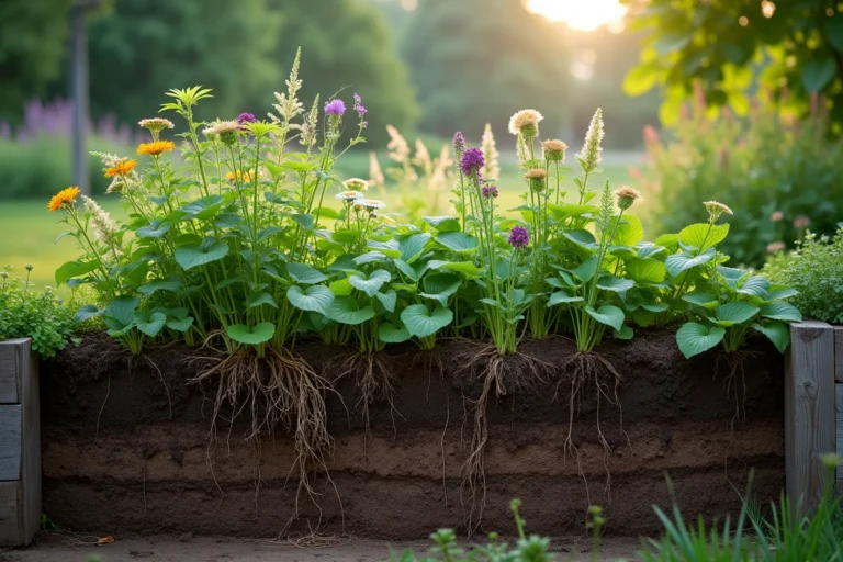 Vue grand-angle d'un jardin diversifié avec des plantes à racines profondes et une coupe de sol révélant des systèmes racinaires