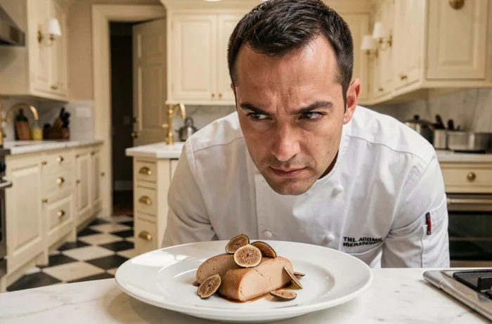 Le chef Jérôme Banctel concentré sur le dressage d'un plat raffiné dans une cuisine de palace parisien