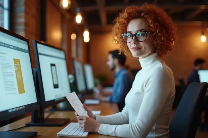 Jeune femme comparant des sites alternatifs à Bookys pour télécharger des ebooks depuis un espace de coworking moderne
