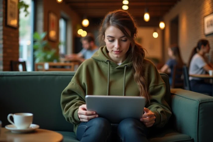 Jeune femme consultant un plan de mots-clés longue traîne sur une tablette dans un café cosy pour optimiser sa stratégie SEO