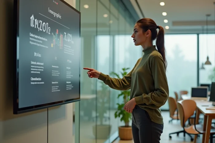 Jeune professionnelle répétant sa présentation devant un écran dans un espace de travail moderne